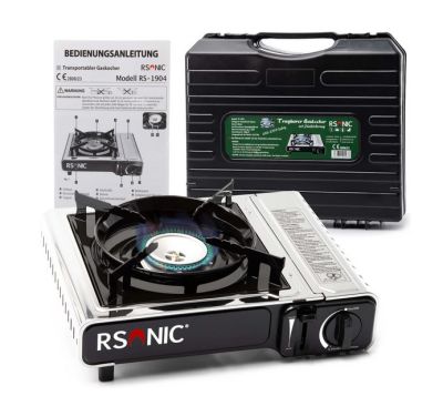 Camping Gaskocher mit Zündsicherung RS-1904 silber/schwarz 